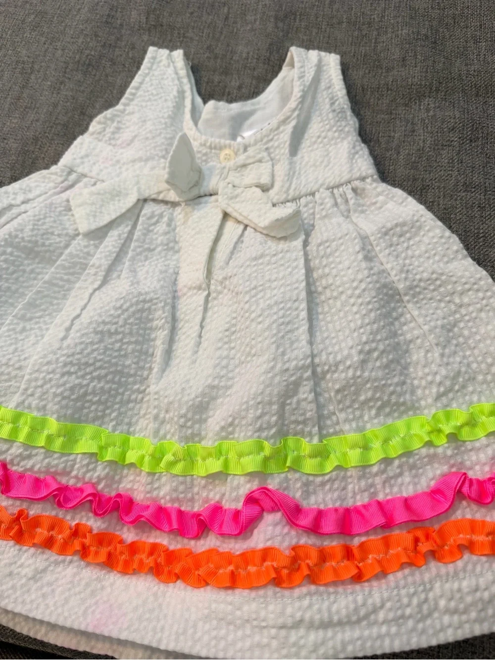 BlueBeri Boulevard White Seersucker Dress Orange Lime Pink Neon Trim size 12m